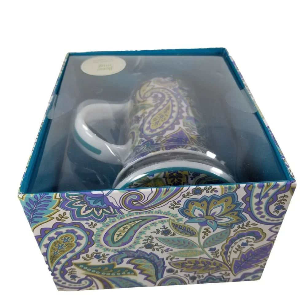 Lidded Tall 8oz Coffee Mug Gift Box Porcelain Blue/Yellow Paisley Floral B&N Mug - Picture 9 of 12